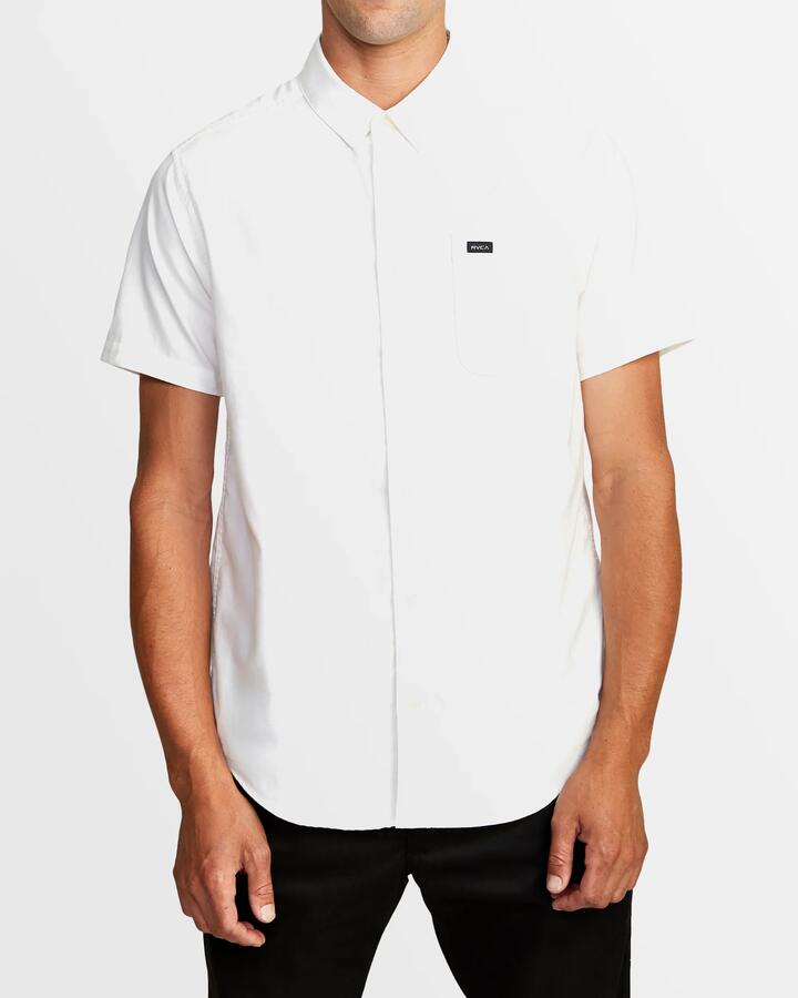 Image of a model wearing Tops. Productname: RVCA - Mens Thatll Do Stretch Short Sleeve Shirt - White - in White colour by brand - RVCA