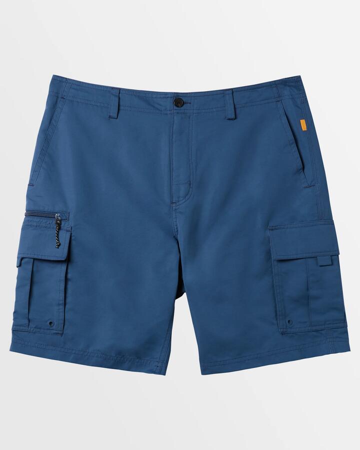 Image of a model wearing Shorts. Product name - Quiksilver Mens Maldive Atoll 20" Cargo Shorts Ensign Blue in Ensign Blue colour by brand - Quiksilver