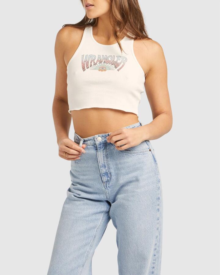 Image of a model wearing Tops. Productname: Wrangler Womens Lenny Tank Spiralling Multi - in Multi colour by brand - Wrangler