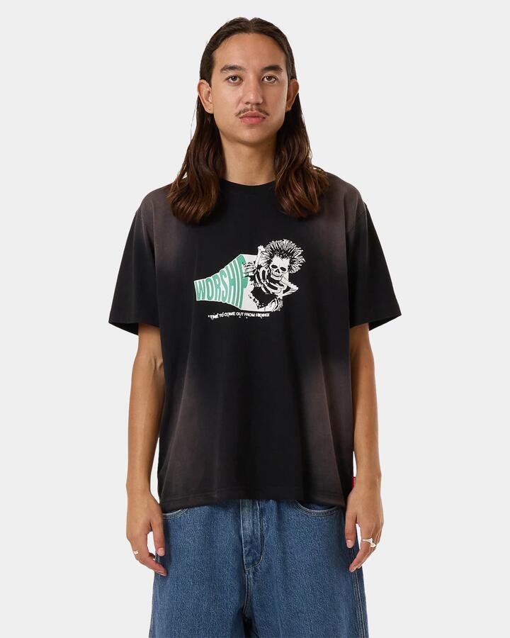 Image of a model wearing Tops. Productname: Worship Mens Surprise Vintage T-Shirt Stone Black - in Stone Black colour by brand - Worship