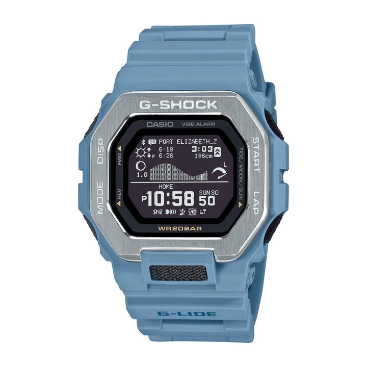Image of Watches. Product name - Casio G-Shock G-Lide Natural Surf Bluetooth Training World Time 200M Water Resistant Black Face Blue Resin Band GBX100-2A in colour by brand - Casio G Shock