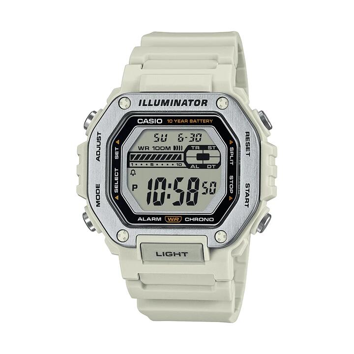 Image of Watches. Productname: Casio Digital Gents Led Dual Alarm 100M Water Resistant White Face And Resin Band MWD110H-8A in Watch colour by brand - Casio