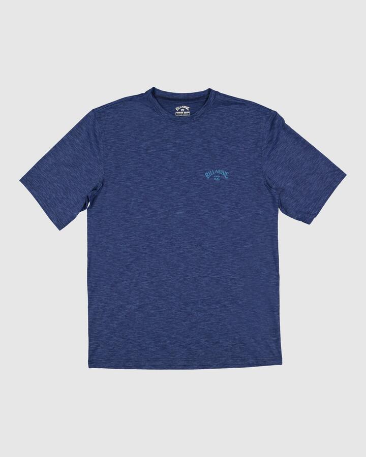 Image of a model wearing Tops. Product name - Billabong Mens Shoreline Loose Fit Short Sleeve Rash Vest Denim Heather in Denim Heather colour by brand - Billabong