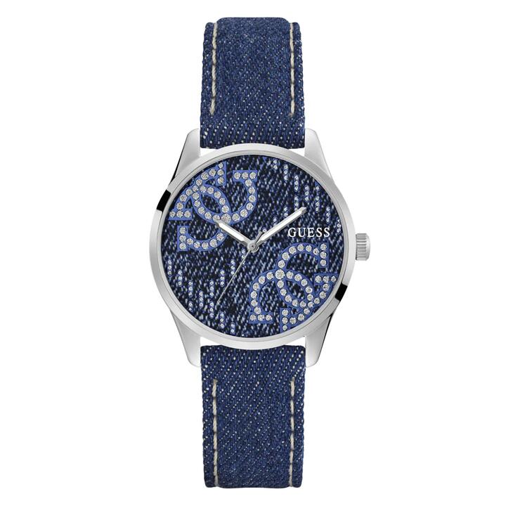 Image of a model wearing Denim. Productname: Guess Trend G Stitch Trend Silver-Tone Blue Denim Strap Women's' Watch GW0755L1 in Watch colour by brand - Guess