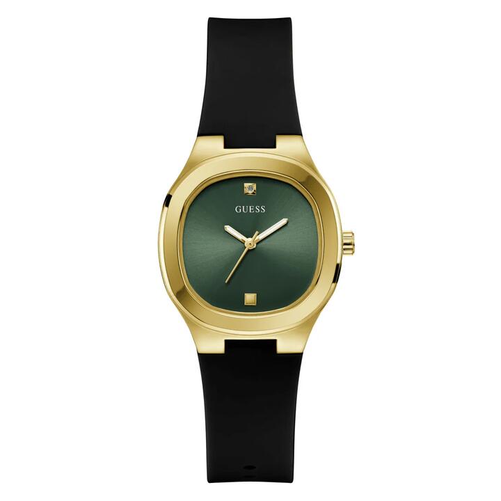 Image of a model wearing Dress. Productname: Guess Dress Eve Dress Gold Tone Black Silicone Watch GW0658L1 in Watch colour by brand - Guess