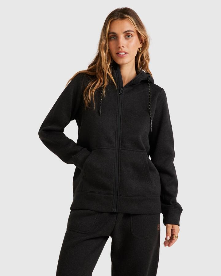 Image of a model wearing Outerwear. Product name - Billabong Womens Boundary Zip Up Hoodie Black Heather in Black Heather colour by brand - Billabong