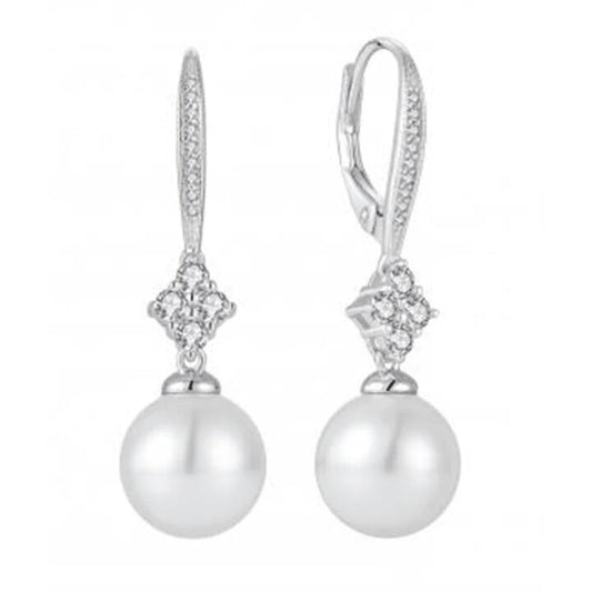 Image of Earrings. Productname: Synthetic Pearl Hoop Earrings with Cubic Zirconia in Sterling Silver in Silver colour by brand - Bevilles