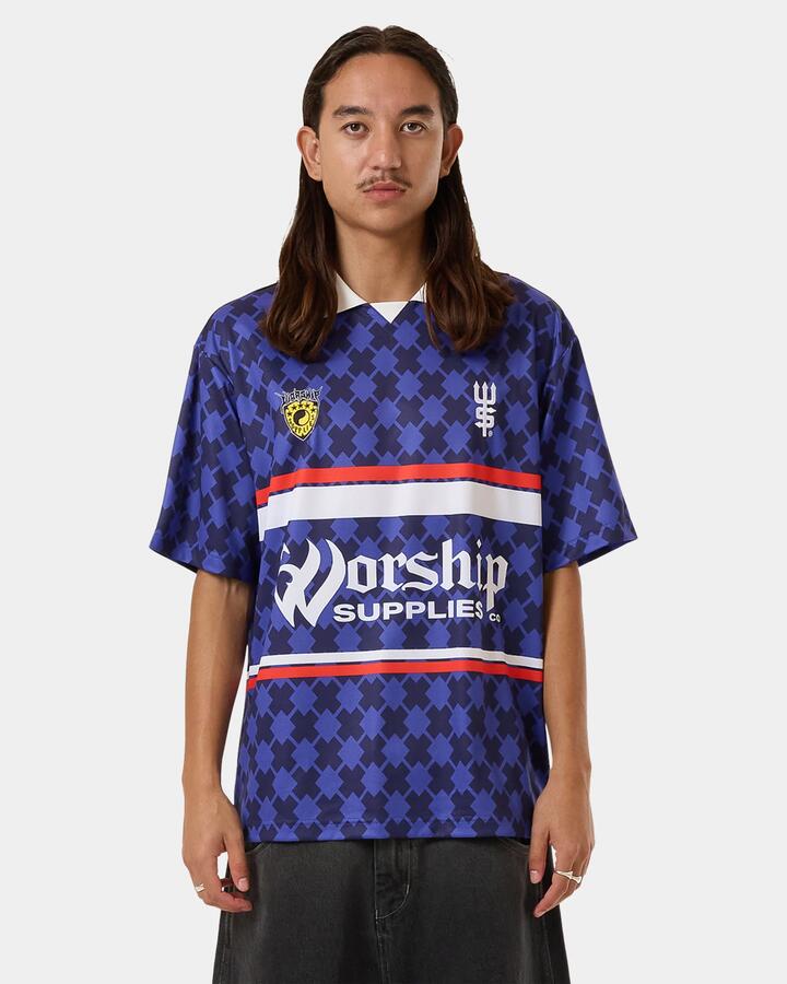 Image of a model wearing Tops. Productname: Worship Mens Offside Football Jersey Blue Depths - in Blue Depths colour by brand - Worship