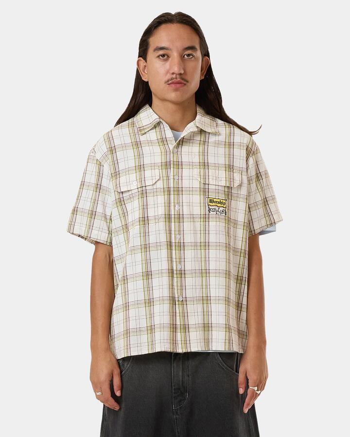 Image of a model wearing Tops. Productname: Worship - Mens Toot Short Sleeve Shirt - Bone - in Bone colour by brand - Worship