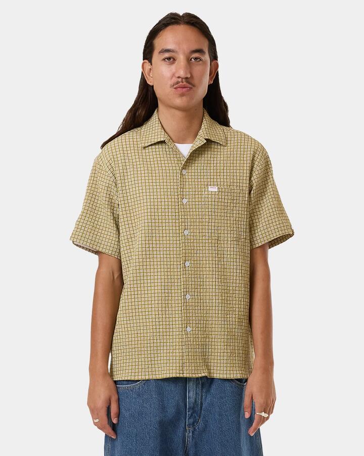 Image of a model wearing Tops. Productname: Worship - Mens Cherub Short Sleeve Shirt - Dijon - in Dijon colour by brand - Worship