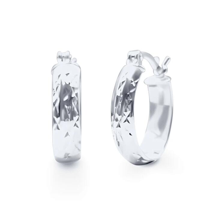 Image of Earrings. Product name - 15mm Diamond Cut Oval Hoop Earrings in Sterling Silver in colour by brand - Bevilles