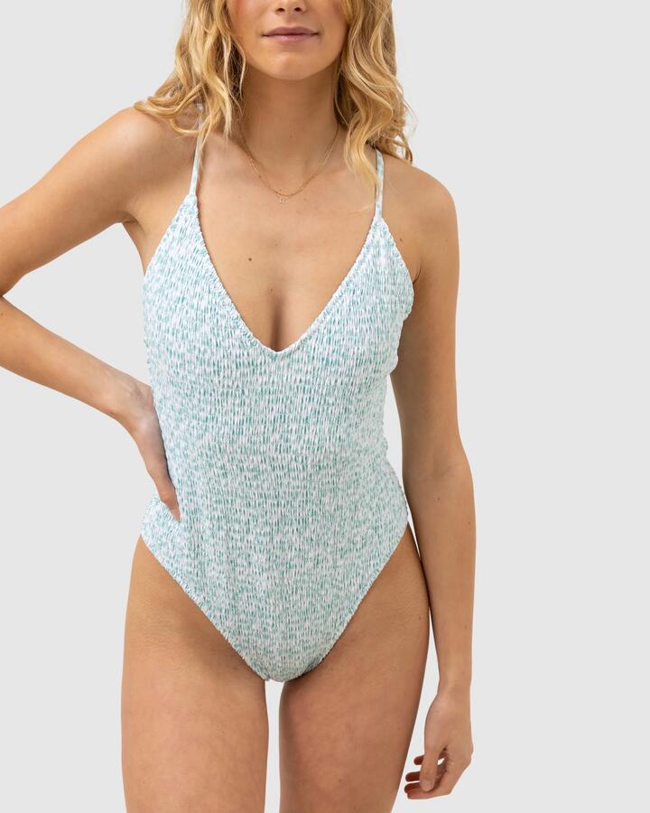 Image of Swimwear. Productname: Rhythm - Womens Biscay Floral Smocked One Piece Swimsuit - White - in White colour by brand - Rhythm