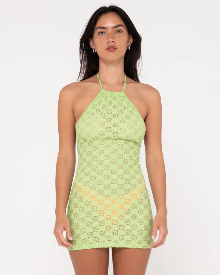 Image of Dresses. Product name - Rusty Womens Dylan Halter Mini Dress Cover-Up Lime Punch in Lime Punch colour by brand - Rusty