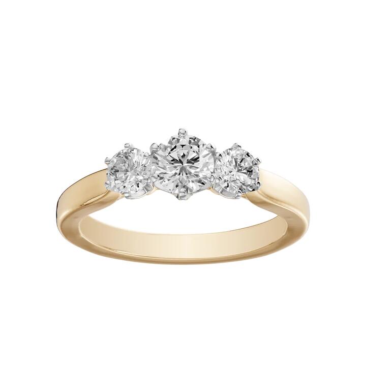 Image of Rings. Product name - 3 Stone Ring with 1.00tw of Laboratory-Grown Diamonds in 18kt Yellow Gold in colour by brand - Bevilles