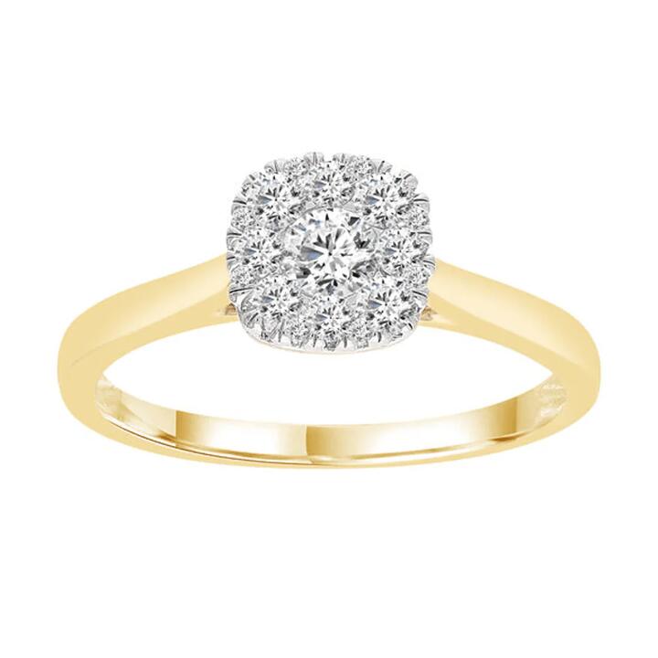 Image of Jewelry. Productname: Cushion Shape Ring with 0.45tw of Diamonds in 9kt Yellow Gold in Diamond colour by brand - Bevilles