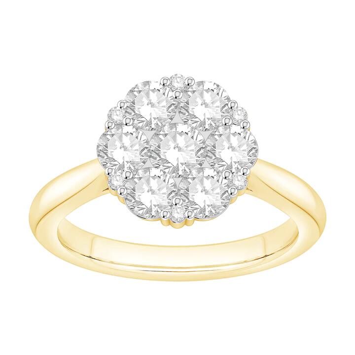 Image of Rings. Product name - Flower Ring with 1.50tw of Laboratory-Grown Diamonds in 9kt Yellow Gold in colour by brand - Bevilles
