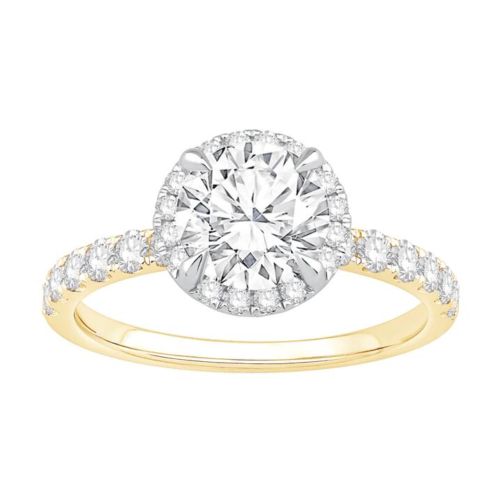 Image of Rings. Product name - Hidden Halo Solitaire Ring with 2.00tw of Laboratory-Grown Diamonds in 18kt Yellow and White Gold in colour by brand - Bevilles