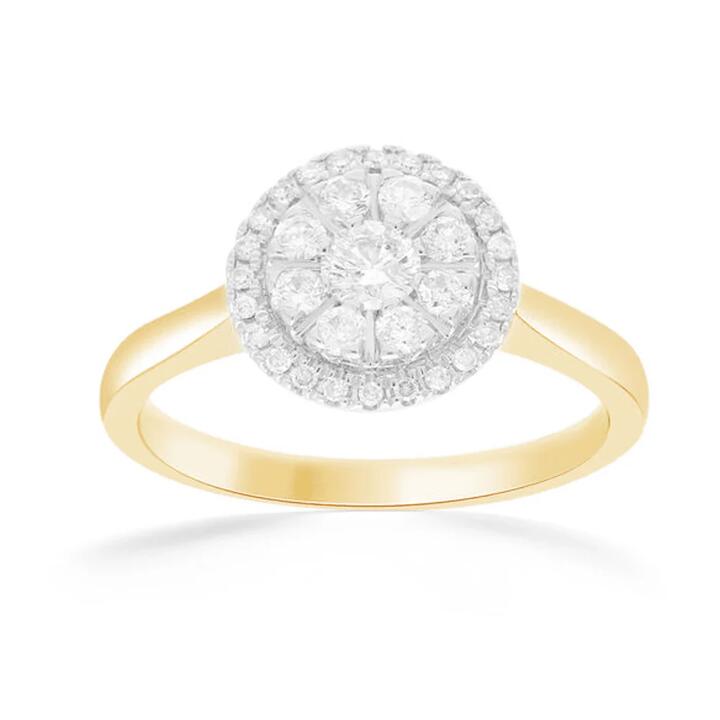 Image of Rings. Product name - Composite Halo Ring with 0.25tw of Diamonds in 9kt Yellow Gold in colour by brand - Bevilles