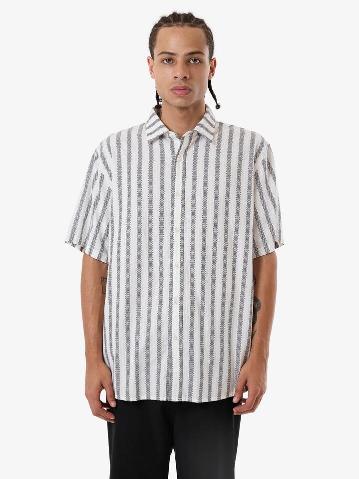 Image of a model wearing Tops. Productname: Thrills - Mens Expansions Short Sleeve Shirt - Dirty White - in Dirty White colour by brand - Thrills