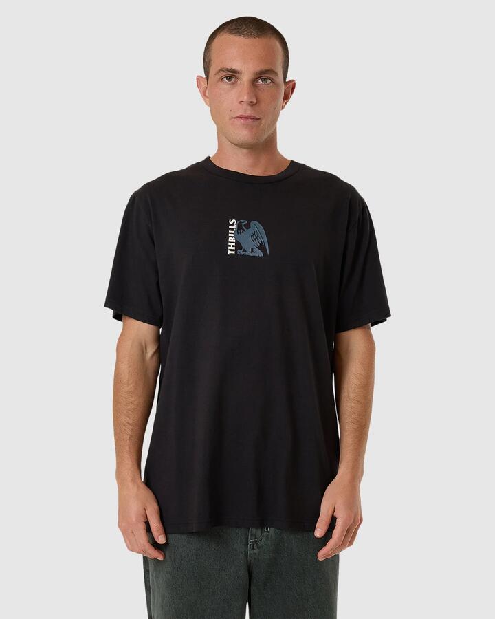 Image of a model wearing Tops. Productname: Thrills Mens Heavy Times Merch Fit T-Shirt Black - in Black colour by brand - Thrills