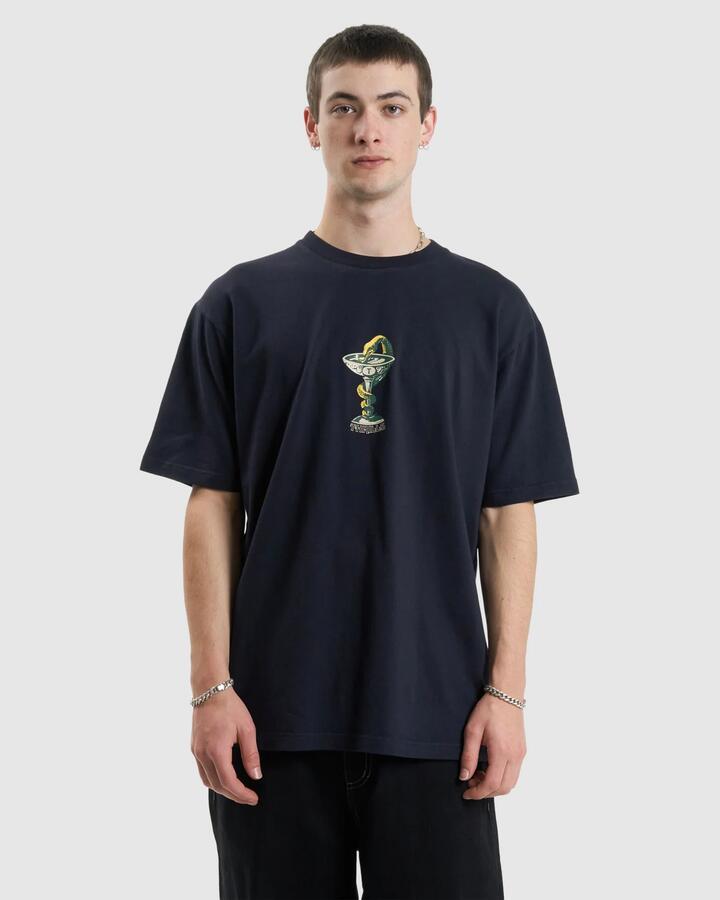 Image of a model wearing Tops. Productname: Thrills Mens Thou Shall Not Oversized Fit T-Shirt Midnight Blue - in Midnight Blue colour by brand - Thrills
