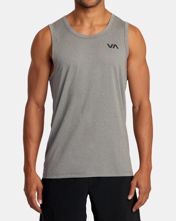 Image of a model wearing Tops. Product name - RVCA Mens Sport Vent Muscle Shirt Heather Grey in Heather Grey colour by brand - RVCA