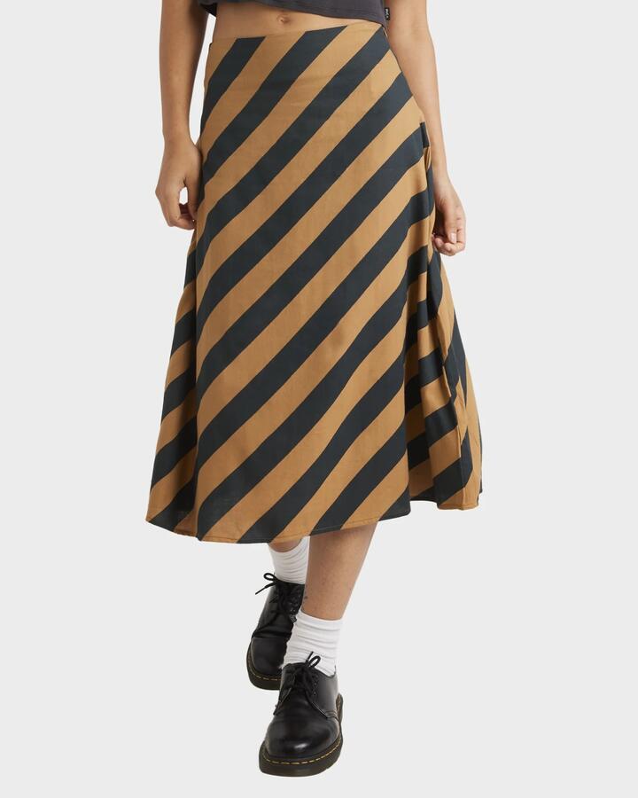 Image of a model wearing Skirts. Productname: RVCA - Womens Milspec Stripe Annika Midi Skirt - Camel - in Camel colour by brand - RVCA