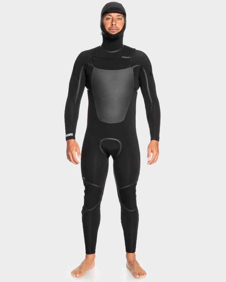 Image of a model wearing Tops. Productname: Quiksilver Mens 5/4/3Mm Marathon Sessions Hooded Chest Zip Wetsuit Black - in Black colour by brand - Quiksilver