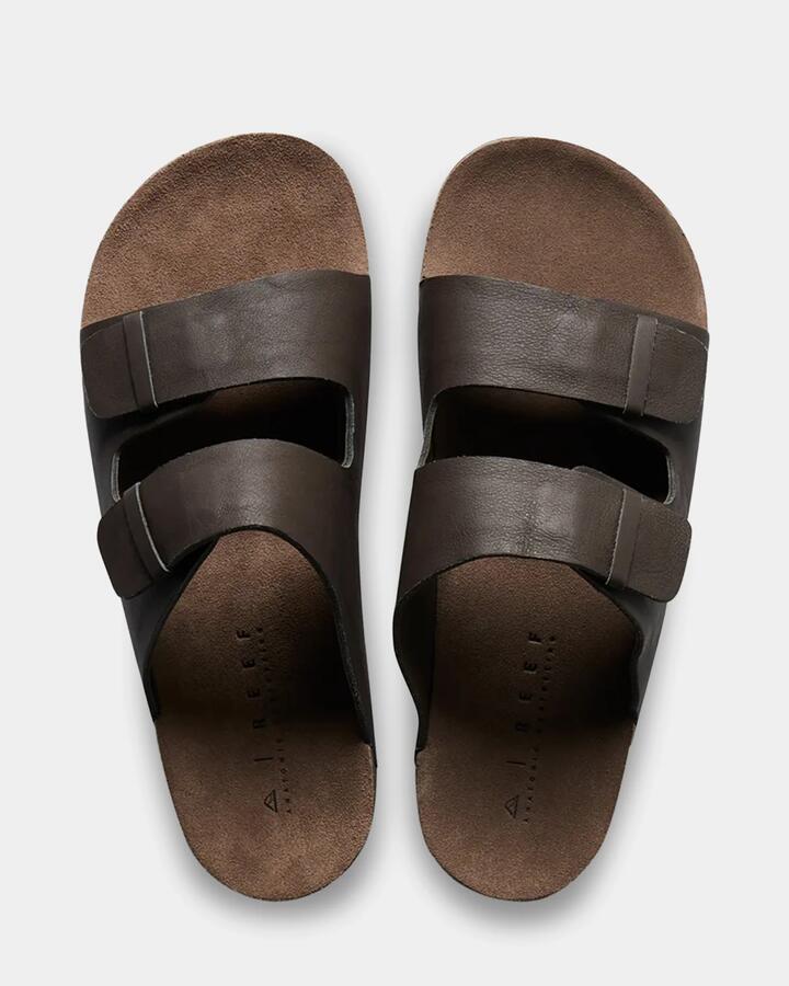 Image of Slippers. Product name - Reef Mens Ojai Two Bar Brown Slides Brown Leather in Brown Leather colour by brand - Reef