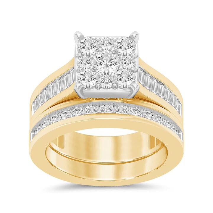 Image of Jewelry. Productname: Cluster Square Shoulder Ring Set with 1.75tw of Diamonds in 9kt Yellow Gold in Diamond colour by brand - Bevilles