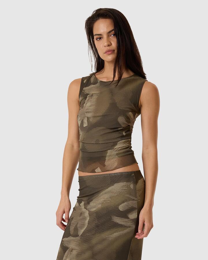Image of a model wearing Tops. Productname: Thrills - Womens Flora Haze Mesh Tank - Brindle - in Brindle colour by brand - Thrills