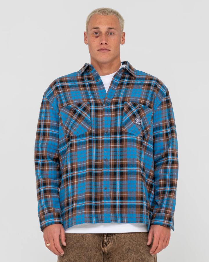 Image of a model wearing Tops. Productname: Rusty - Mens Neon Dreams R2K Long Sleeve Shirt - Marazine Blue - in Marazine Blue colour by brand - Rusty