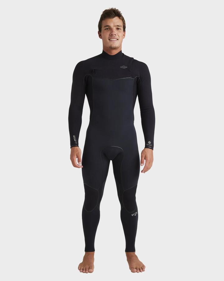 Image of a model wearing Tops. Productname: Billabong Mens 4/3Mm Revolution Pro Chest Zip Steamer Wetsuit Black - in Black colour by brand - Billabong