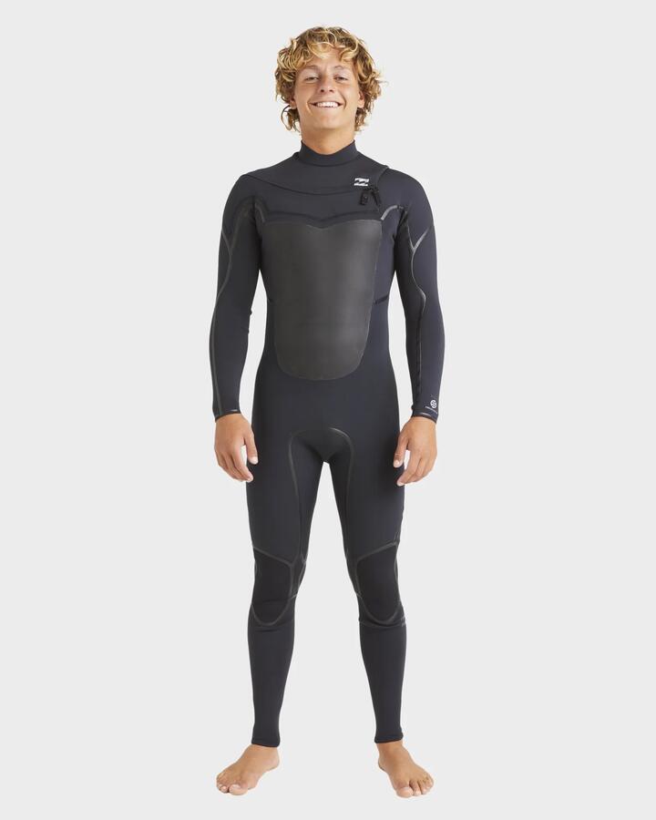 Image of a model wearing Tops. Productname: Billabong Mens 3/2Mm Absolute Natural Chest Zip Steamer Wetsuit Black - in Black colour by brand - Billabong