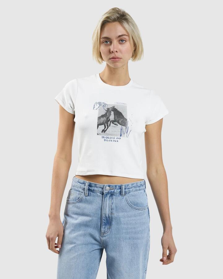 Image of a model wearing Tops. Productname: Thrills Womens Order Disorder Baby T-Shirt Dirty White - in Dirty White colour by brand - Thrills