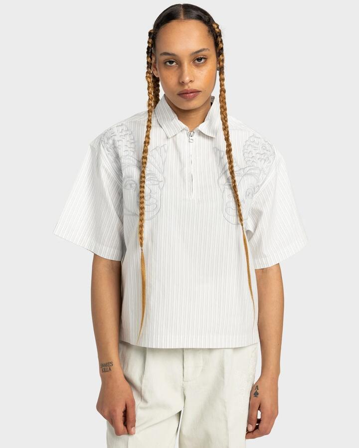 Image of a model wearing Tops. Productname: Element Womens Vmxe Short Sleeve Shirt Vitoria Oxford Stripes - in Vitoria Oxford Stripes colour by brand - Element