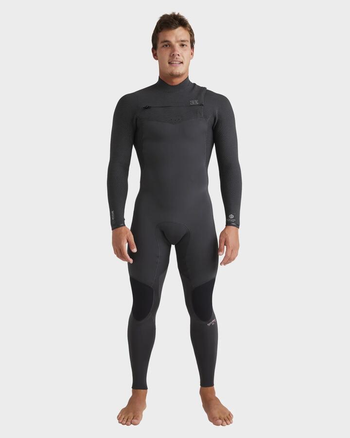Image of a model wearing Tops. Productname: Billabong - Mens 3/2Mm Revolution Natural Chest Zip Steamer Wetsuit - Graphite - in Graphite colour by brand - Billabong