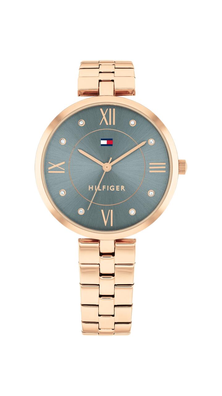 Image of Watches. Productname: Tommy Hilfiger Ella Ionic Plated Rose Gold Steel Light Blue Dial Ladies Watch 1782686 in Watch colour by brand - Tommy Hilfiger