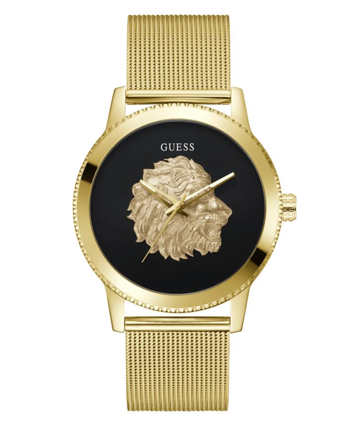 Image of Bracelets. Productname: Guess Monarch Polished Gold Tone Case Sunray Black Dial With A Polished Gold Tone Lion And Polished Gold Tone Mesh Bracelet GW0702G1 in Watch colour by brand - Guess