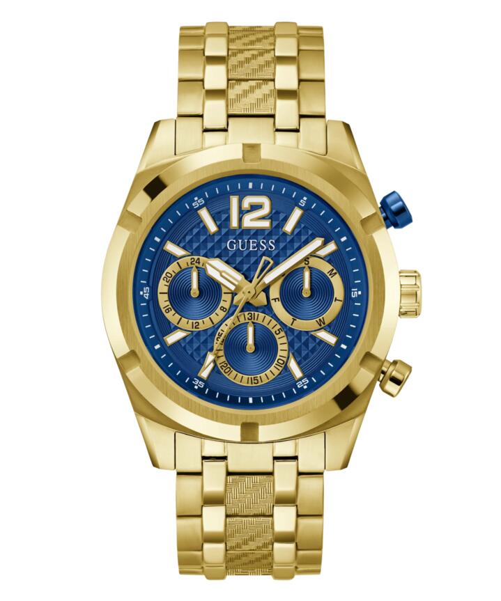 Image of Bracelets. Productname: Guess Resistance Brushed Gold Tone Case With Polished Gold Tone Bezel Sunray Blue Multifunction With A Brushed And Polished Gold Tone Bracelet GW0714G2 in Watch colour by brand - Guess