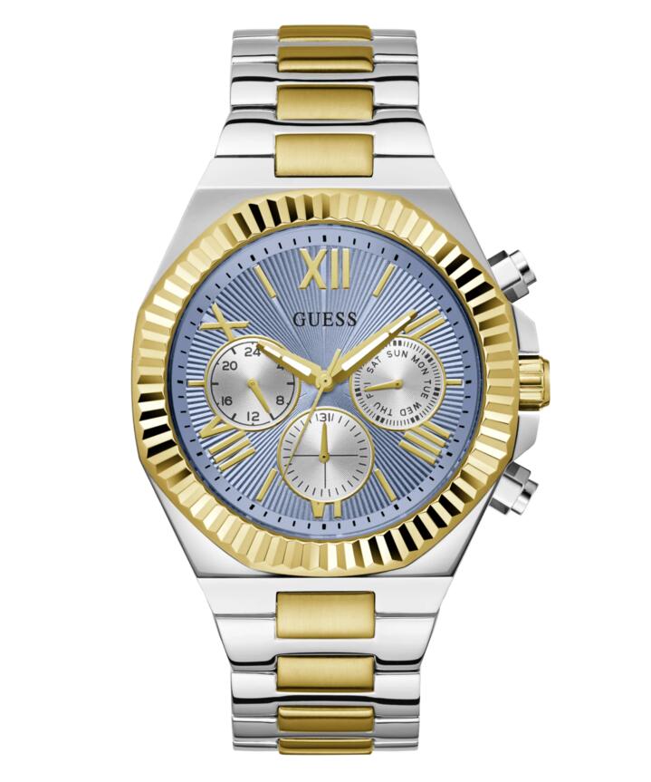Image of Bracelets. Productname: Guess Equity Brushed Silver Tone Case With Polished Gold Tone Bezel With Sunray Glacial Blue Multifunction Dial And Brushed And Polished Two Tone Bracelet GW0703G3 in Watch colour by brand - Guess