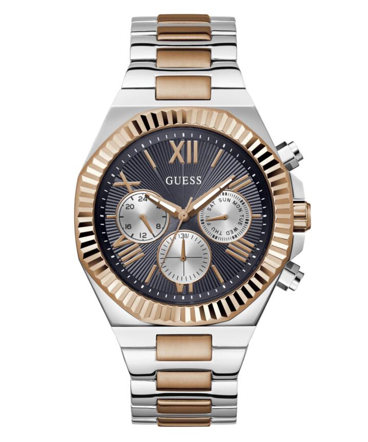 Image of Bracelets. Productname: Guess Equity Brushed Silver Tone Case With Polished Rose Gold Tone Bezel With Sunray Navy Multifunction Dial And Brushed And Polished Two Tone Bracelet GW0703G4 in Watch colour by brand - Guess