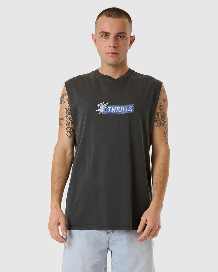 Image of a model wearing Tops. Productname: Thrills - Mens Allegiance Merch Fit Muscle - Merch Black - in Merch Black colour by brand - Thrills