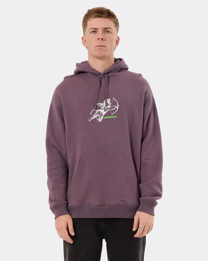 Image of a model wearing Outerwear. Productname: Worship - Mens Cherub Pullover Hoodie - Purple Reign - in Purple Reign colour by brand - Worship