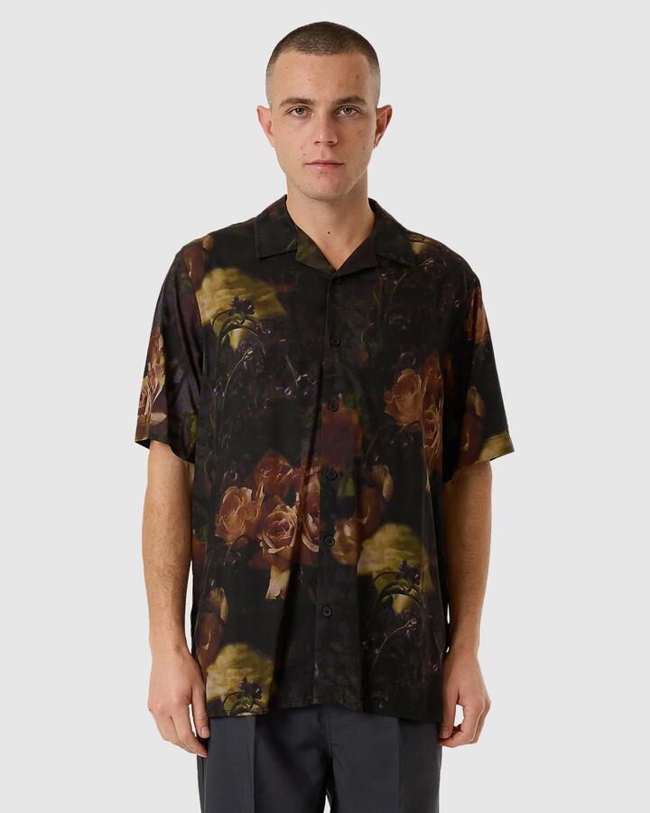 Image of a model wearing Tops. Productname: Thrills - Mens Beauty In Darkness Bowling Short Sleeve Shirt - Mood Black - in Mood Black colour by brand - Thrills