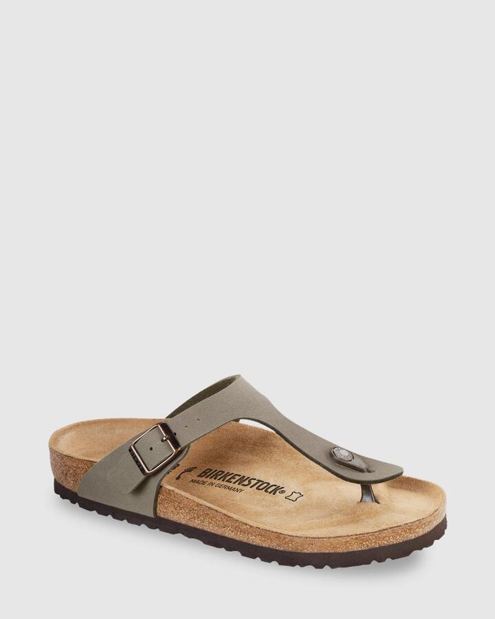 Image of Sandals. Product name - Birkenstock Gizeh Stone Brikflor Nubuck Thongs Stone Birkibuc Regul in Stone Birkibuc Regul colour by brand - Birkenstock