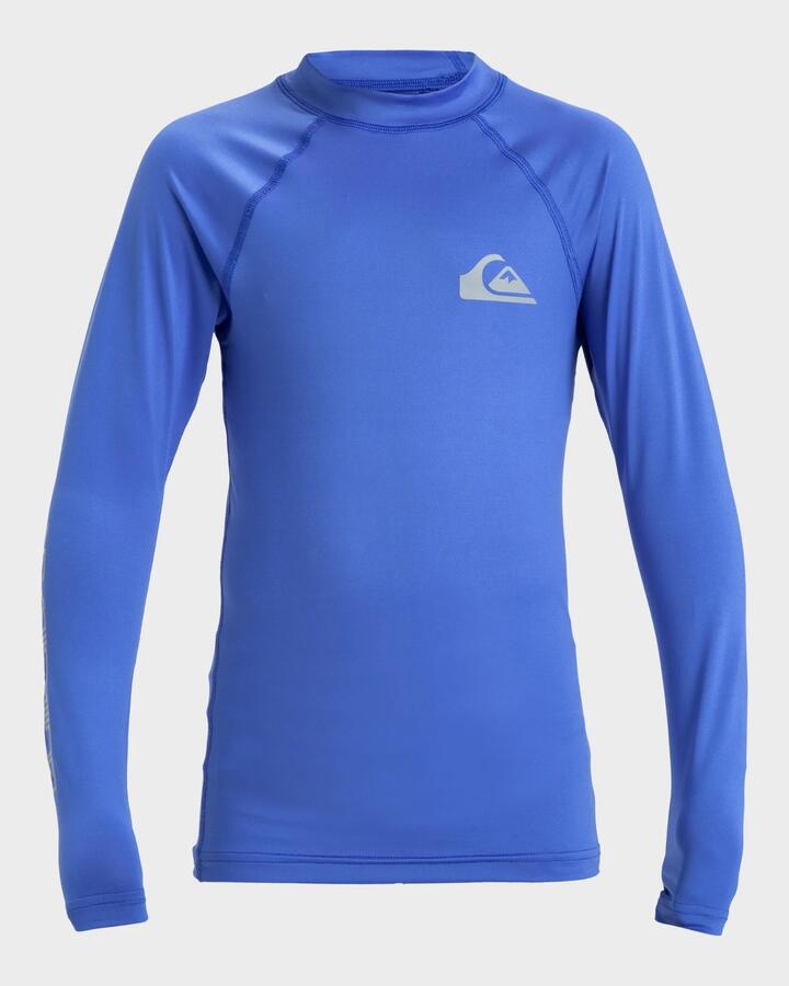 Image of a model wearing Tops. Product name - Quiksilver Boys 8-16 Everyday Upf 50 Long Sleeve Rash Vest Nebulas Blue in Nebulas Blue colour by brand - Quiksilver