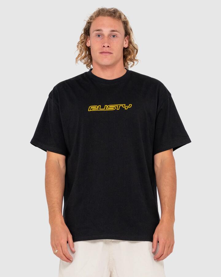 Image of a model wearing Tops. Productname: Rusty Mens Flip Daddy T-Shirt Black - in Black colour by brand - Rusty