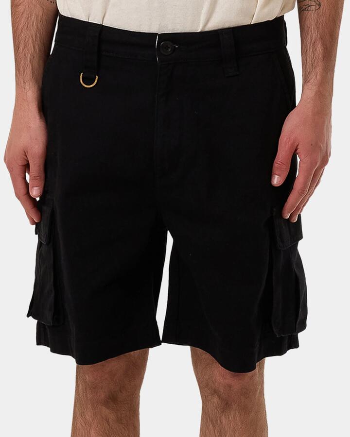 Image of a model wearing Shorts. Productname: Thrills Mens Slacker Union Cargo Shorts Black - in Black colour by brand - Thrills