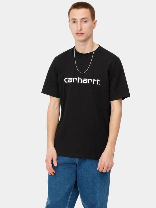 Image of a model wearing Tops. Productname: Carhartt Wip S/S Script T-Shirt in Black/White colour by brand - Carhartt Wip